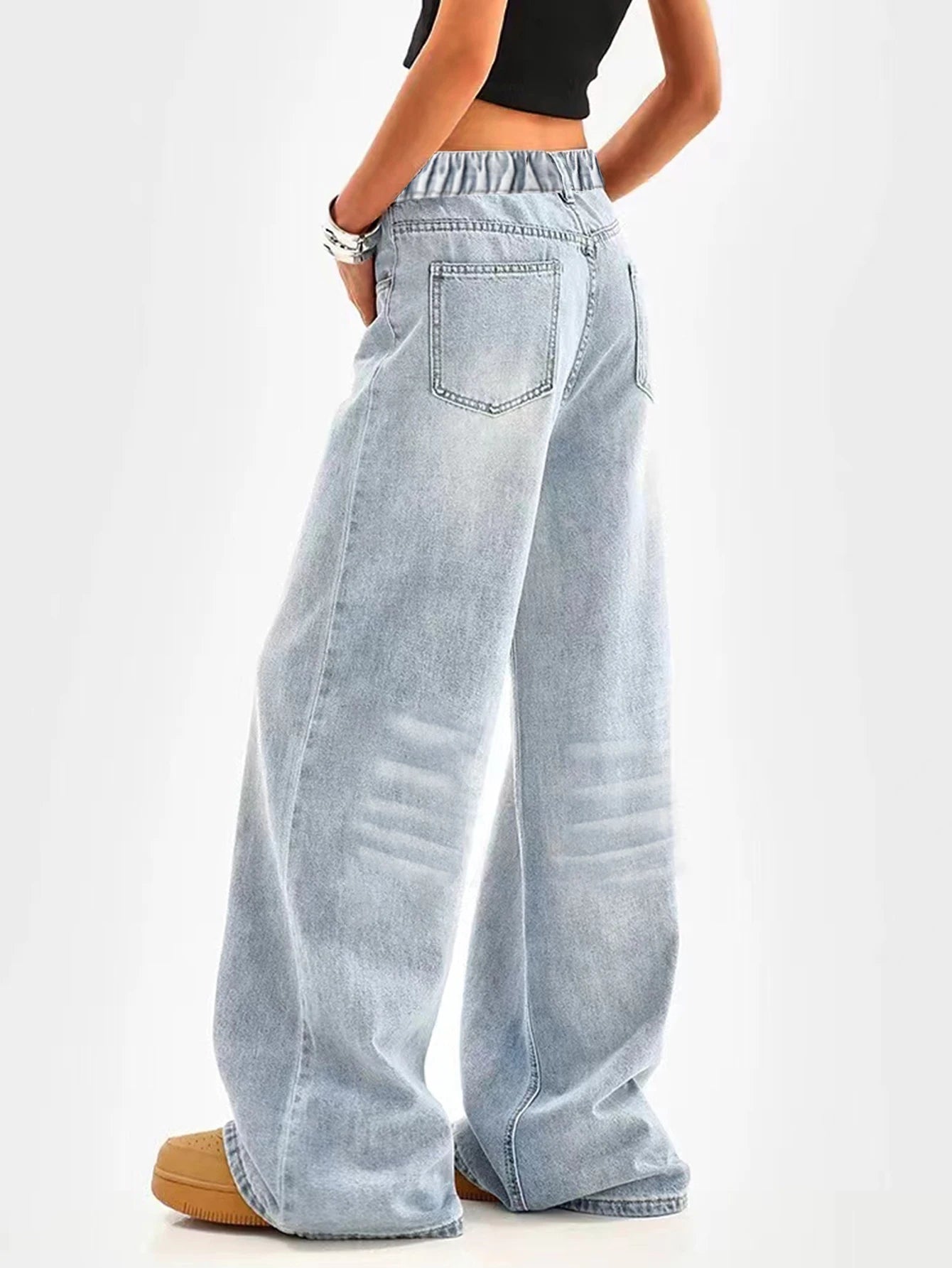 Retro washed blue loose wide - leg straight pants for middle and large children and girls, casual, simple and versatile long jeans - Clothesfassion.store