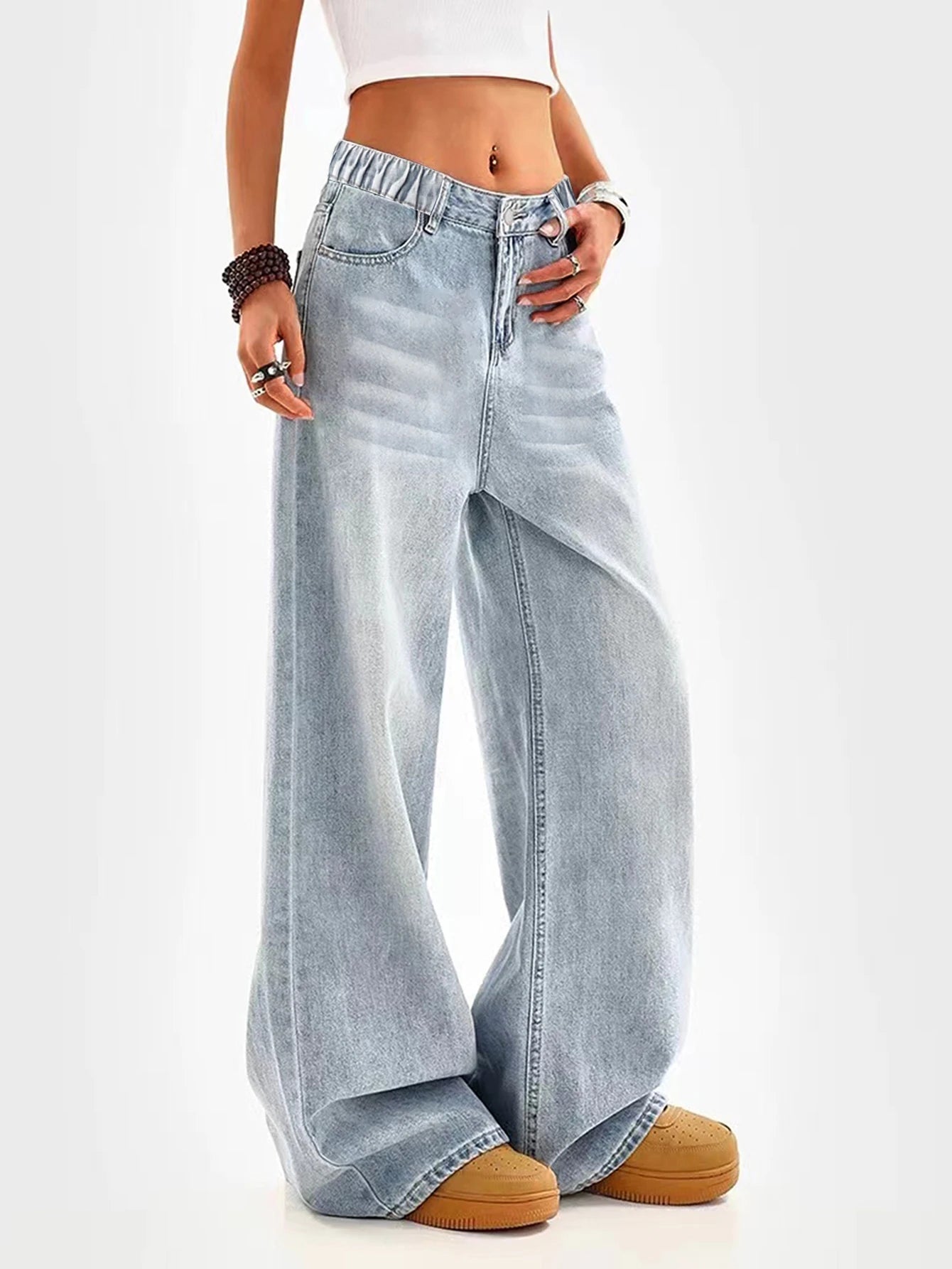 Retro washed blue loose wide - leg straight pants for middle and large children and girls, casual, simple and versatile long jeans - Clothesfassion.store
