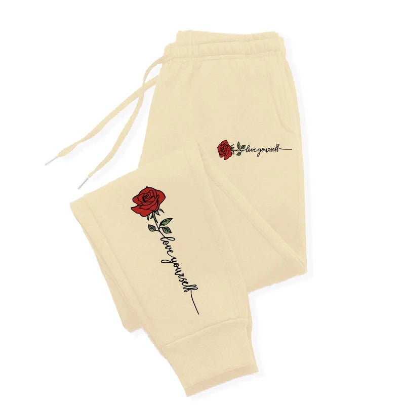 Rose Love Yourself Printing Casual Versatile Women Pants Trendy Hip Hop Trousers With Drawstring Pockets Comfy Sweatpants Female - Clothesfassion.store