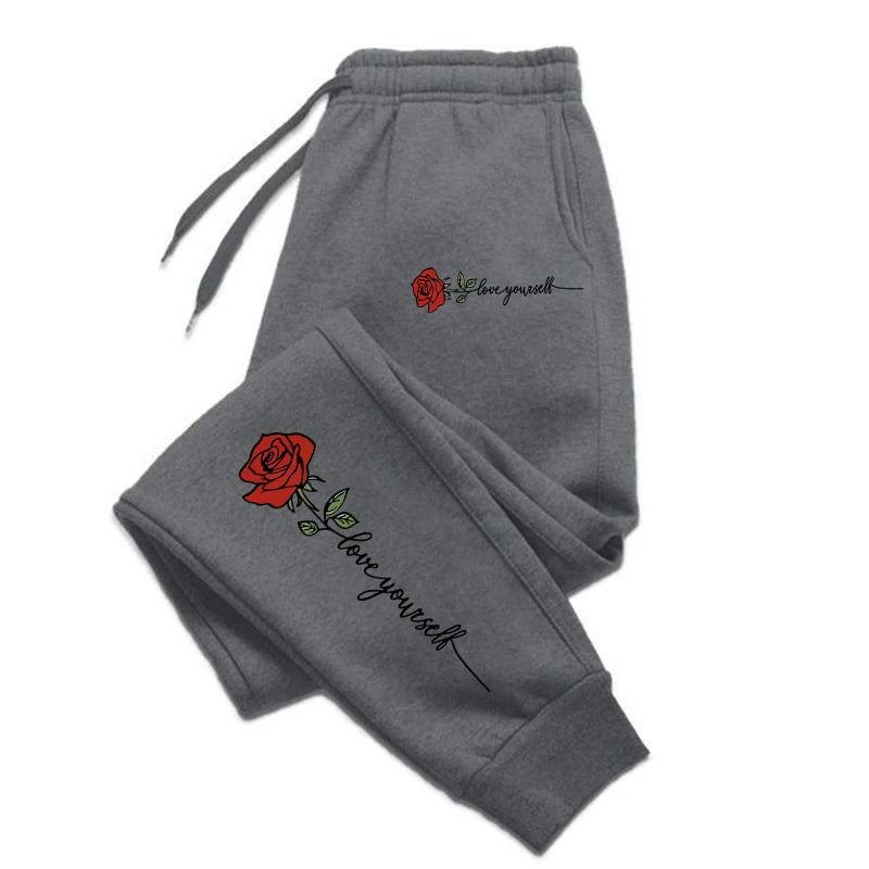 Rose Love Yourself Printing Casual Versatile Women Pants Trendy Hip Hop Trousers With Drawstring Pockets Comfy Sweatpants Female - Clothesfassion.store