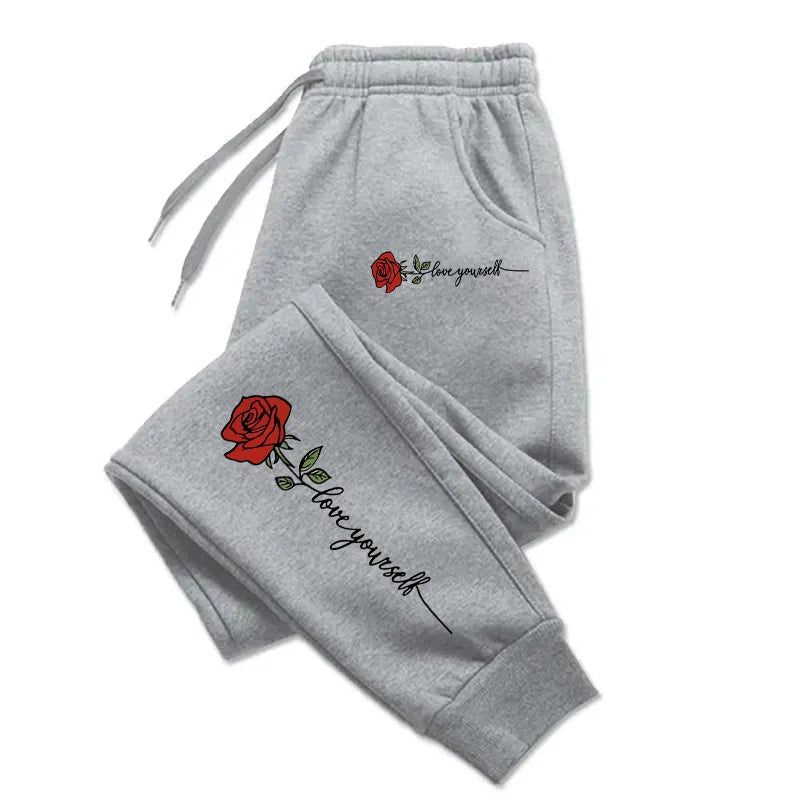 Rose Love Yourself Printing Casual Versatile Women Pants Trendy Hip Hop Trousers With Drawstring Pockets Comfy Sweatpants Female - Clothesfassion.store