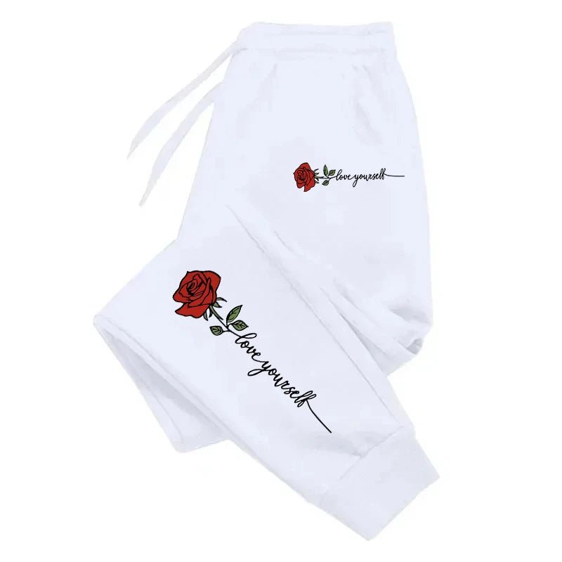 Rose Love Yourself Printing Casual Versatile Women Pants Trendy Hip Hop Trousers With Drawstring Pockets Comfy Sweatpants Female - Clothesfassion.store
