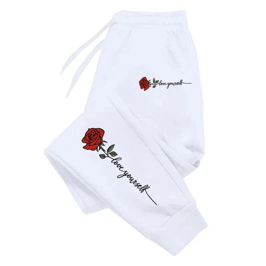 Rose Love Yourself Printing Casual Versatile Women Pants Trendy Hip Hop Trousers With Drawstring Pockets Comfy Sweatpants Female - Clothesfassion.store