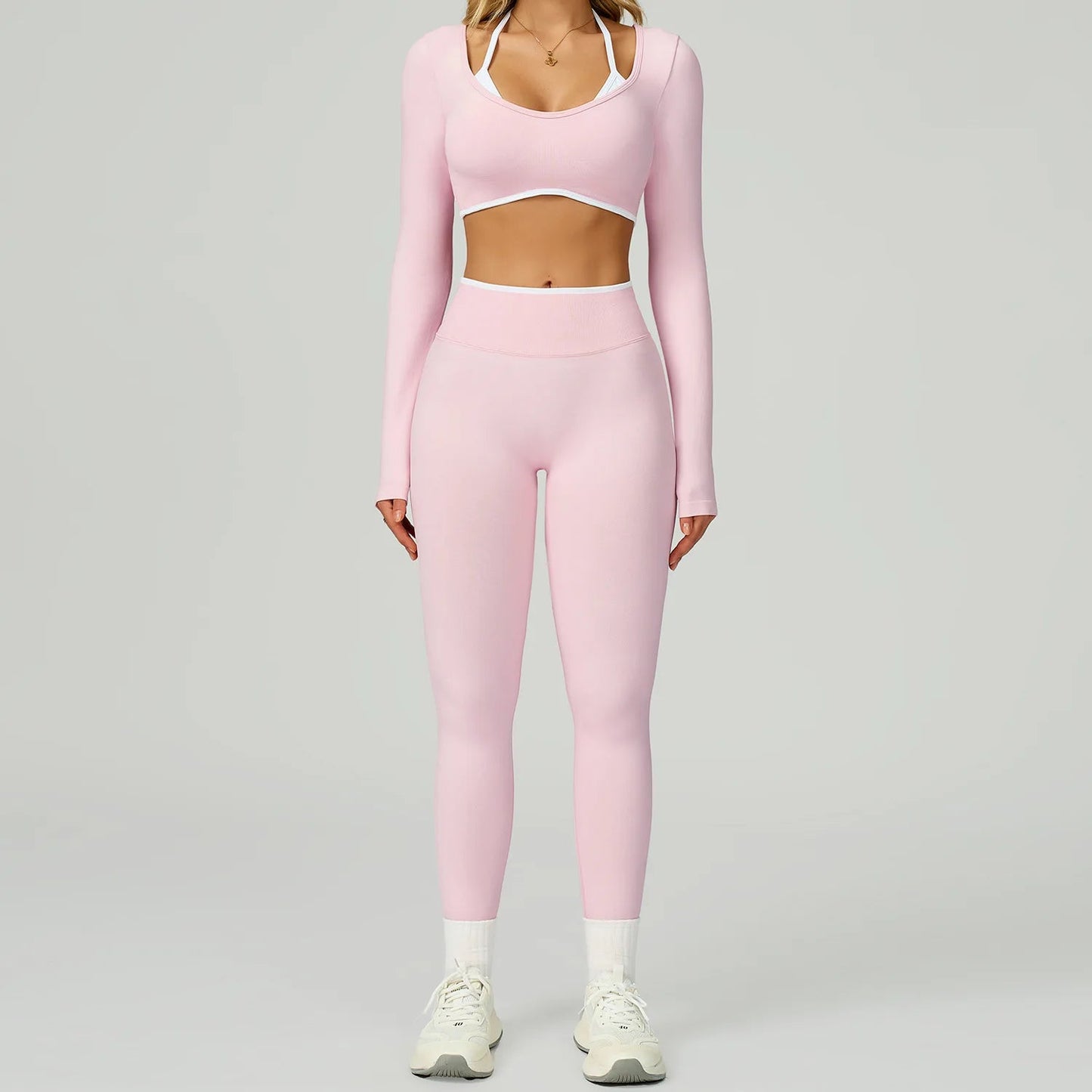 Seamless Yoga Set 2PCS Workout Outfits Sportswear Gym Tracksuit Fitness Leggings Sports Bra Athletic Wear Women Long Sleeves - Clothesfassion.store