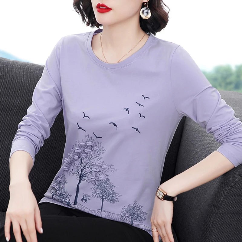 Shintimes Spring Woman Clothes Embroidery Patchwork Long Sleeve T Shirt Women 2022 Fall T-Shirt Loose Cotton Tee Shirt Femme - Clothesfassion.store