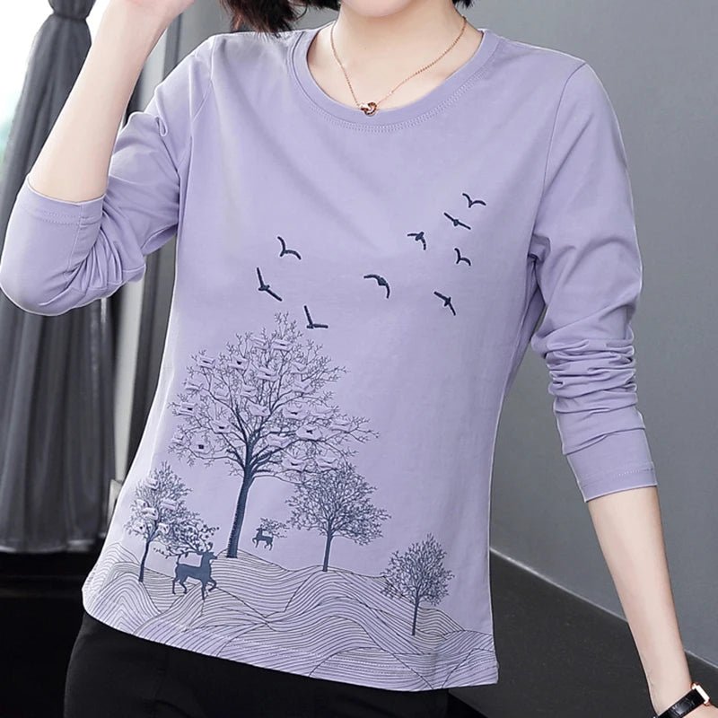 Shintimes Spring Woman Clothes Embroidery Patchwork Long Sleeve T Shirt Women 2022 Fall T-Shirt Loose Cotton Tee Shirt Femme - Clothesfassion.store