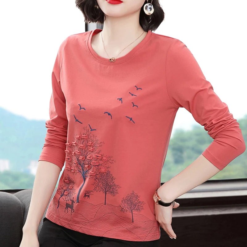 Shintimes Spring Woman Clothes Embroidery Patchwork Long Sleeve T Shirt Women 2022 Fall T-Shirt Loose Cotton Tee Shirt Femme - Clothesfassion.store