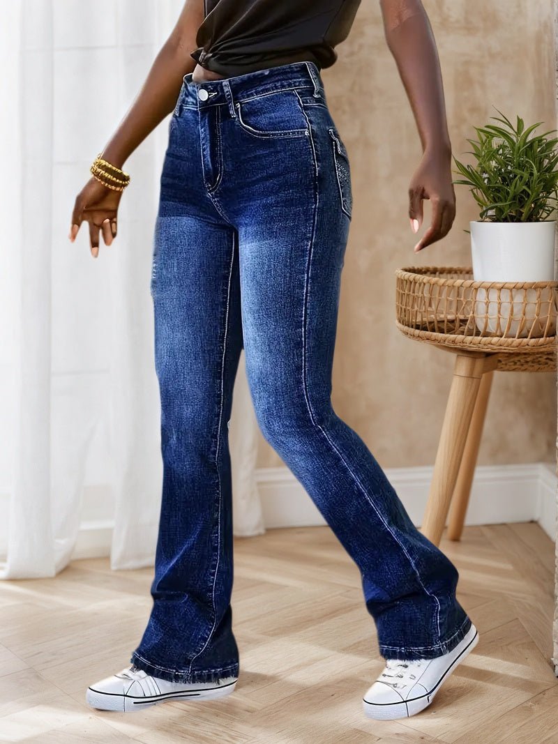 Slim Fit Elastic Washed Blue Casual Style Zipper Buckle Jeans, Women’s Denim Jeans - Clothesfassion.store