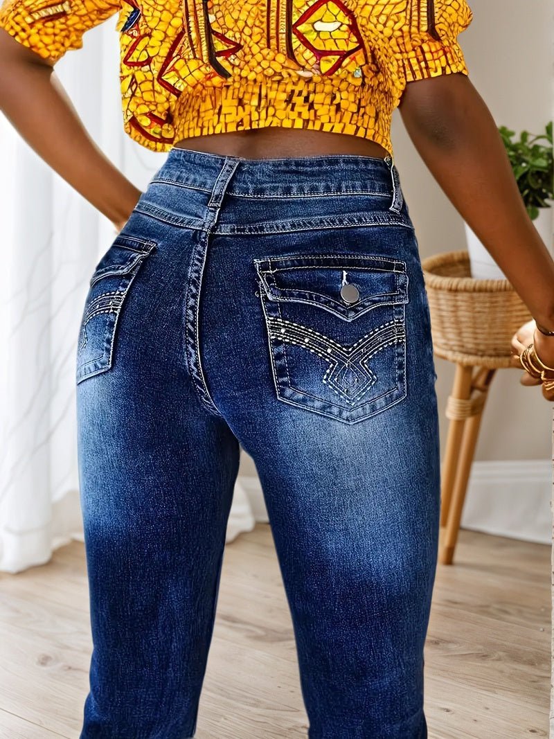 Slim Fit Elastic Washed Blue Casual Style Zipper Buckle Jeans, Women’s Denim Jeans - Clothesfassion.store