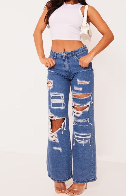 Solid Color Distressed Washed Denim Jeans - Clothesfassion.store