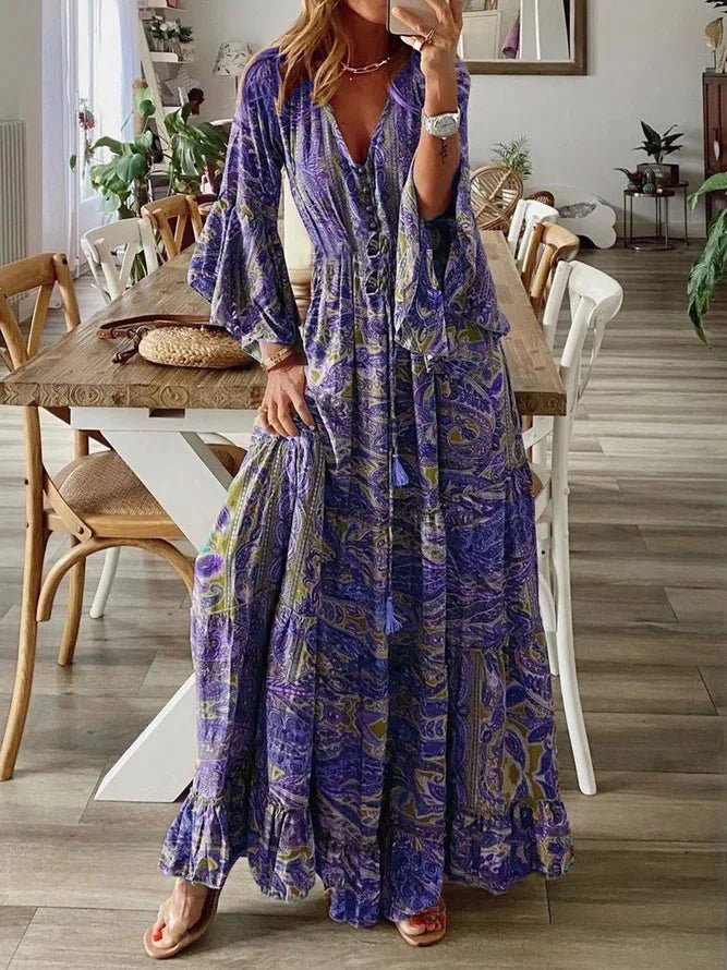 Spring Autumn Women's Fashion Bohemian Style Flare Sleeves Printed V - neck High Waist Dress Fragmented Flower Women's Long Dress - Clothesfassion.store
