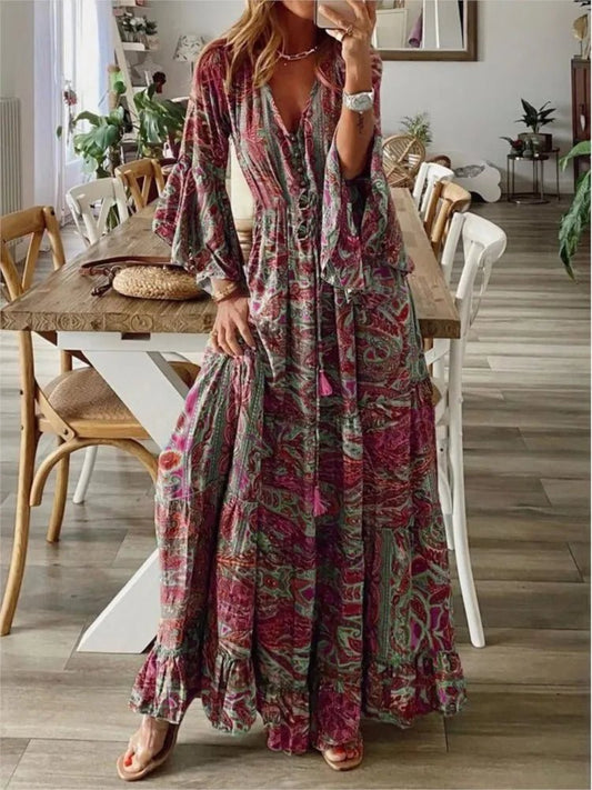 Spring Autumn Women's Fashion Bohemian Style Flare Sleeves Printed V - neck High Waist Dress Fragmented Flower Women's Long Dress - Clothesfassion.store