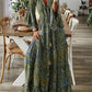 Spring Autumn Women's Fashion Bohemian Style Flare Sleeves Printed V - neck High Waist Dress Fragmented Flower Women's Long Dress - Clothesfassion.store