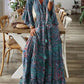 Spring Autumn Women's Fashion Bohemian Style Flare Sleeves Printed V - neck High Waist Dress Fragmented Flower Women's Long Dress - Clothesfassion.store