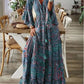 Spring Autumn Women's Fashion Bohemian Style Flare Sleeves Printed V - neck High Waist Dress Fragmented Flower Women's Long Dress - Clothesfassion.store
