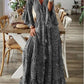 Spring Autumn Women's Fashion Bohemian Style Flare Sleeves Printed V - neck High Waist Dress Fragmented Flower Women's Long Dress - Clothesfassion.store