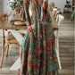 Spring Autumn Women's Fashion Bohemian Style Flare Sleeves Printed V - neck High Waist Dress Fragmented Flower Women's Long Dress - Clothesfassion.store
