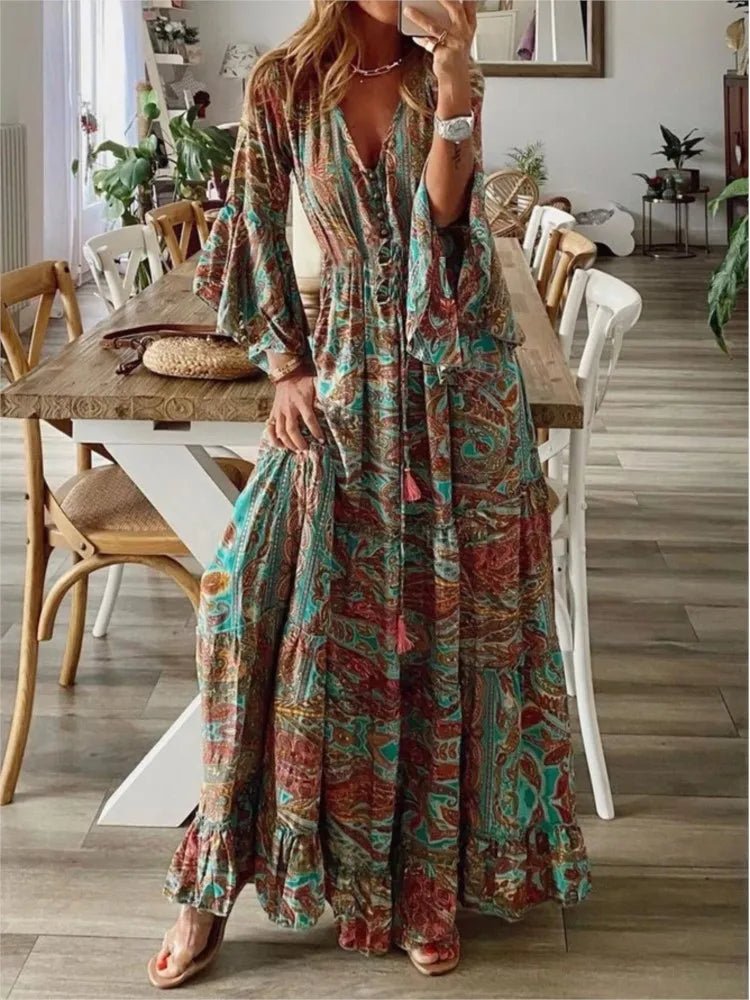 Spring Autumn Women's Fashion Bohemian Style Flare Sleeves Printed V - neck High Waist Dress Fragmented Flower Women's Long Dress - Clothesfassion.store