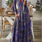 Spring Autumn Women's Fashion Bohemian Style Flare Sleeves Printed V - neck High Waist Dress Fragmented Flower Women's Long Dress - Clothesfassion.store