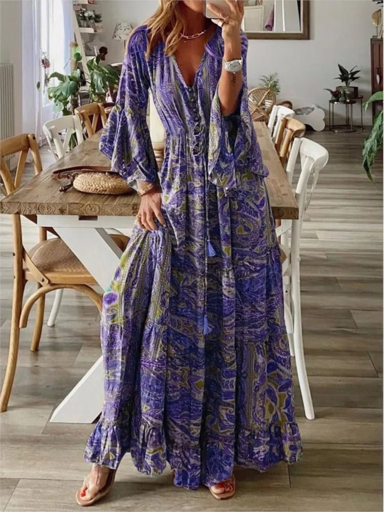 Spring Autumn Women's Fashion Bohemian Style Flare Sleeves Printed V - neck High Waist Dress Fragmented Flower Women's Long Dress - Clothesfassion.store