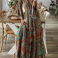 Spring Autumn Women's Fashion Bohemian Style Flare Sleeves Printed V - neck High Waist Dress Fragmented Flower Women's Long Dress - Clothesfassion.store
