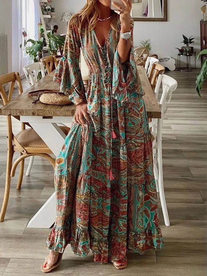 Spring Autumn Women's Fashion Bohemian Style Flare Sleeves Printed V - neck High Waist Dress Fragmented Flower Women's Long Dress - Clothesfassion.store