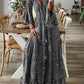 Spring Autumn Women's Fashion Bohemian Style Flare Sleeves Printed V - neck High Waist Dress Fragmented Flower Women's Long Dress - Clothesfassion.store