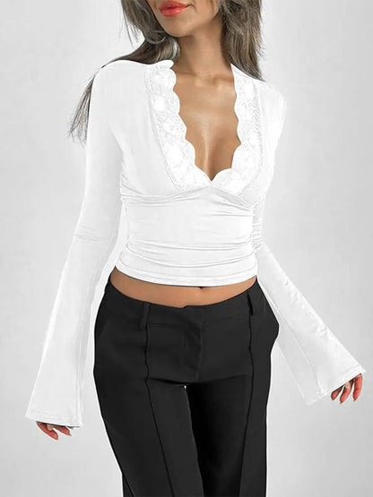 Spring New Women T-shirt Streetwear Fashion Long Sleeves Casual Slim Tees Black Sexy Lace Deep V - neck Elegant Lady Tees Clothing - Clothesfassion.store