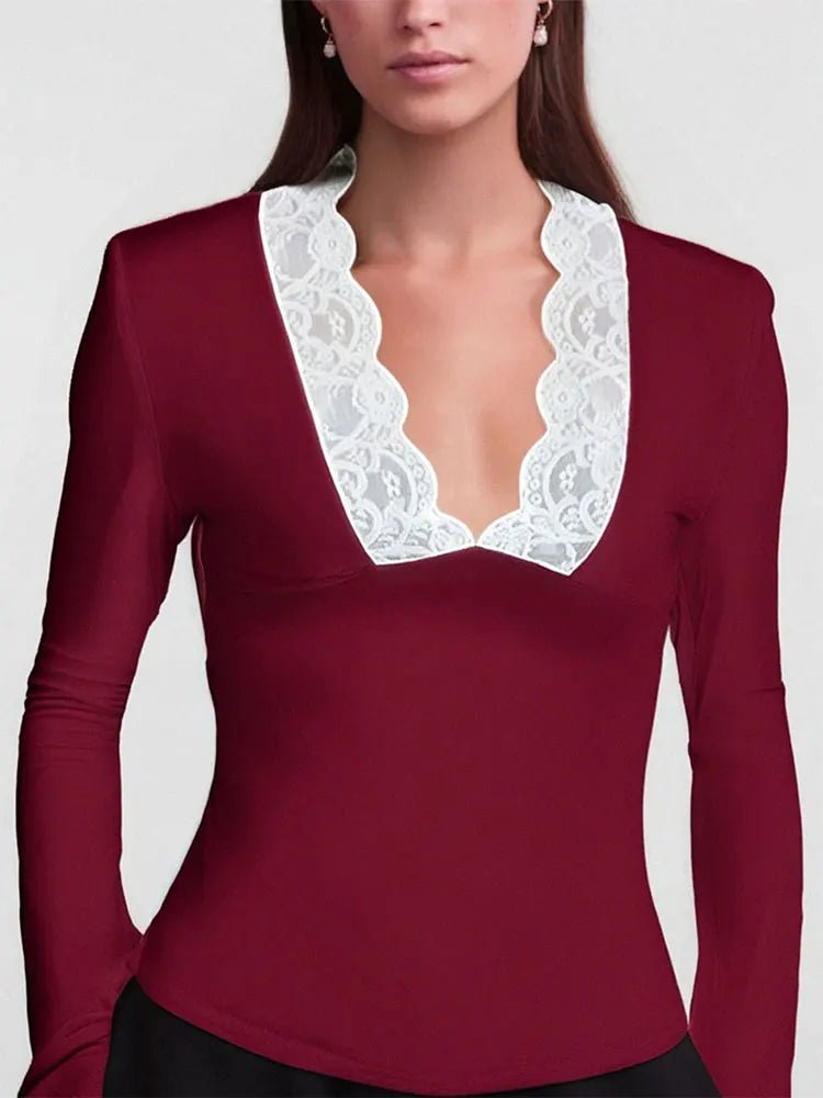 Spring New Women T-shirt Streetwear Fashion Long Sleeves Casual Slim Tees Black Sexy Lace Deep V - neck Elegant Lady Tees Clothing - Clothesfassion.store
