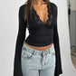 Spring New Women T-shirt Streetwear Fashion Long Sleeves Casual Slim Tees Black Sexy Lace Deep V - neck Elegant Lady Tees Clothing - Clothesfassion.store