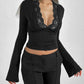 Spring New Women T-shirt Streetwear Fashion Long Sleeves Casual Slim Tees Black Sexy Lace Deep V - neck Elegant Lady Tees Clothing - Clothesfassion.store