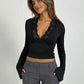 Spring New Women T-shirt Streetwear Fashion Long Sleeves Casual Slim Tees Black Sexy Lace Deep V - neck Elegant Lady Tees Clothing - Clothesfassion.store