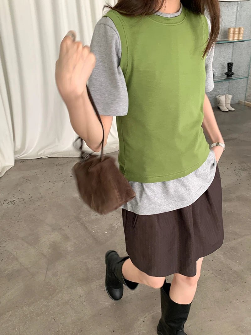 Spring women's casual solid color round neck slim fit vest - Clothesfassion.store