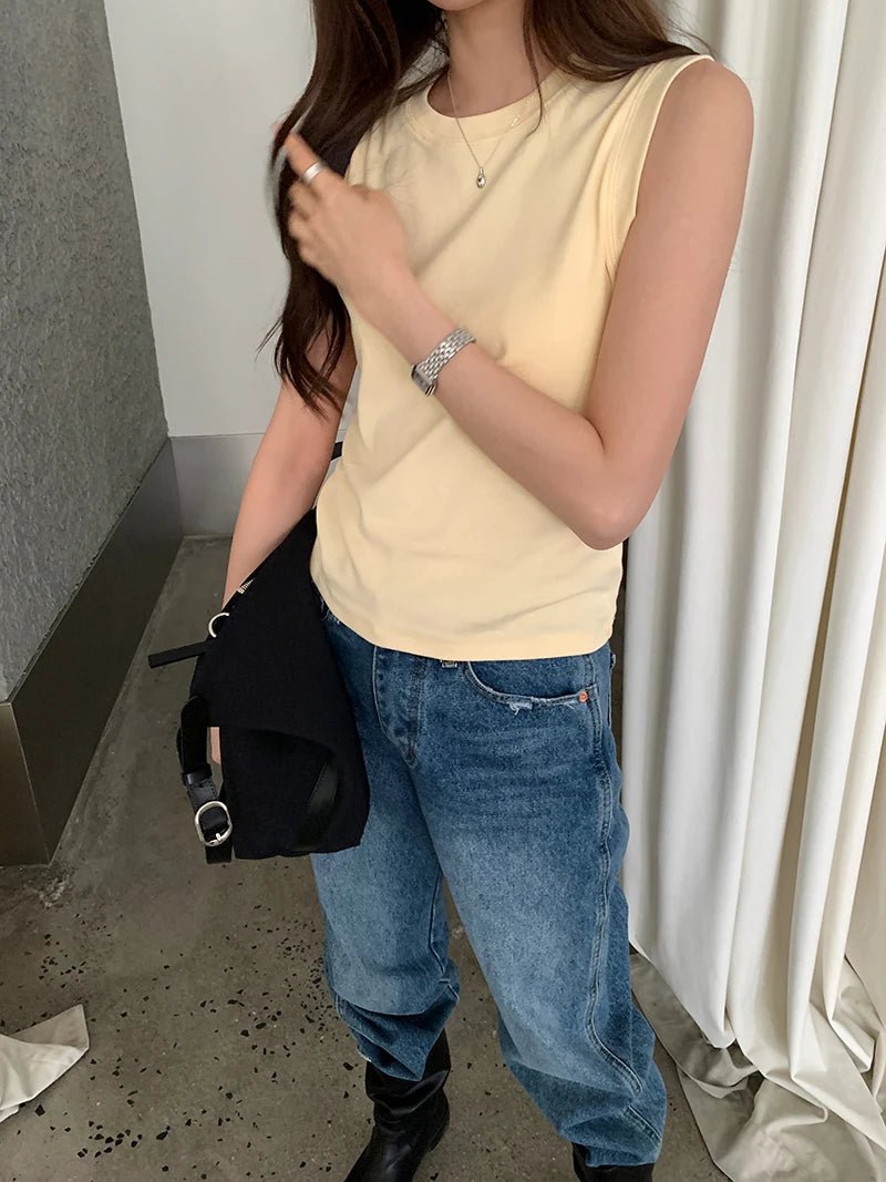 Spring women's casual solid color round neck slim fit vest - Clothesfassion.store
