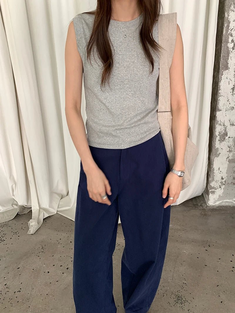 Spring women's casual solid color round neck slim fit vest - Clothesfassion.store