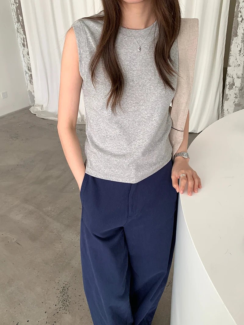 Spring women's casual solid color round neck slim fit vest - Clothesfassion.store