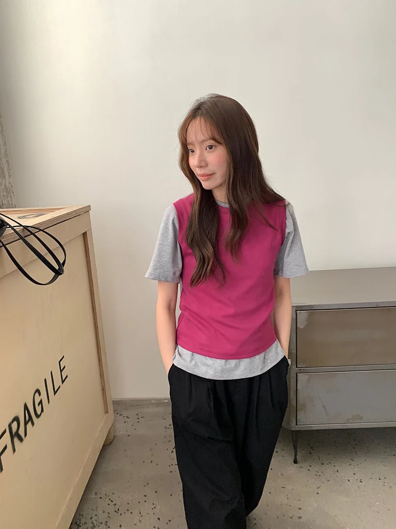 Spring women's casual solid color round neck slim fit vest - Clothesfassion.store