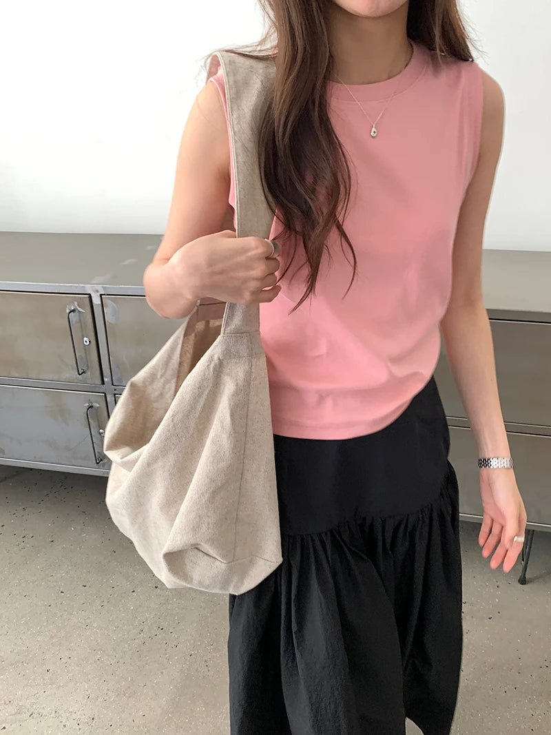 Spring women's casual solid color round neck slim fit vest - Clothesfassion.store