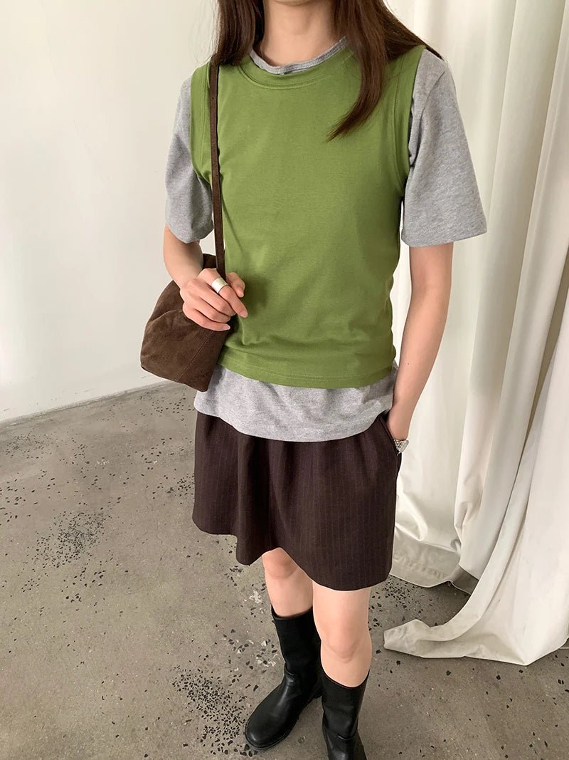 Spring women's casual solid color round neck slim fit vest - Clothesfassion.store