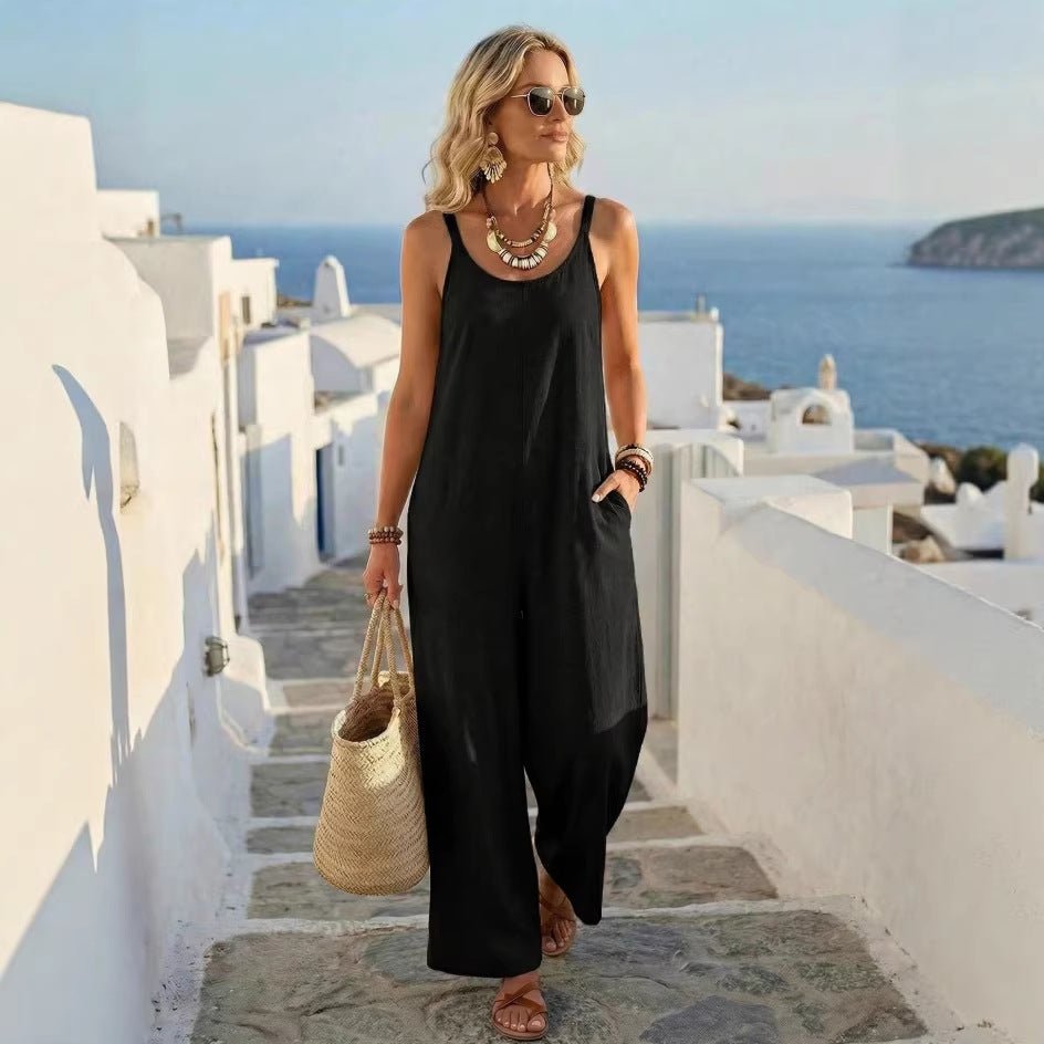 Summer Womens Casual Solid Color Khaki Wide - Leg Jumpsuit - Clothesfassion.store