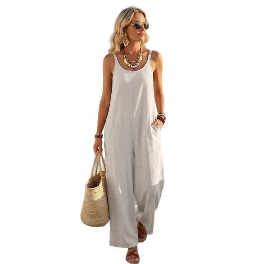 Summer Womens Casual Solid Color Khaki Wide - Leg Jumpsuit - Clothesfassion.store