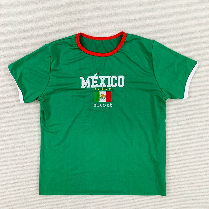 Summer Women's Mexican Flag Embroidered Pattern Short Sleeve Top Y2K Sexy Waist T-shirt - Clothesfassion.store