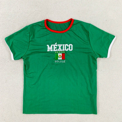 Summer Women's Mexican Flag Embroidered Pattern Short Sleeve Top Y2K Sexy Waist T-shirt - Clothesfassion.store