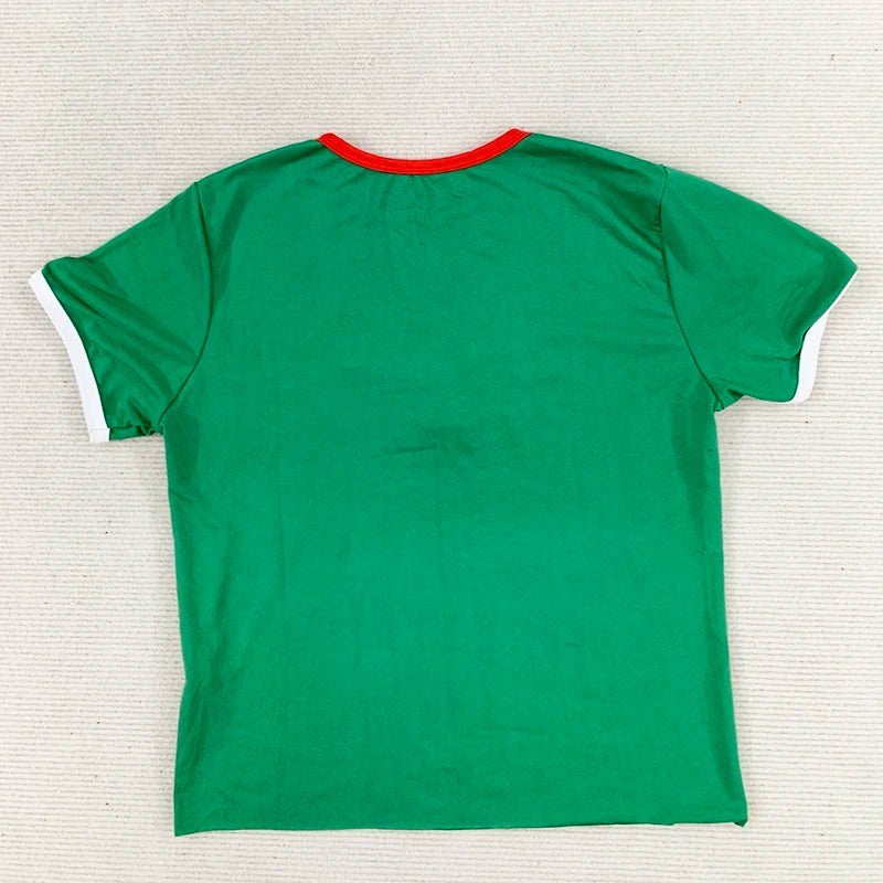 Summer Women's Mexican Flag Embroidered Pattern Short Sleeve Top Y2K Sexy Waist T-shirt - Clothesfassion.store