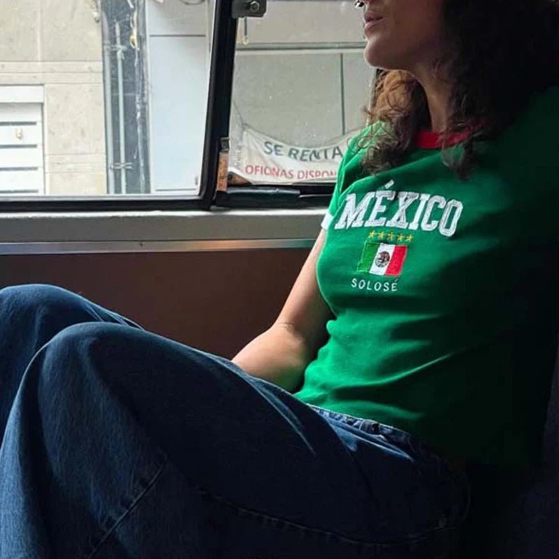 Summer Women's Mexican Flag Embroidered Pattern Short Sleeve Top Y2K Sexy Waist T-shirt - Clothesfassion.store