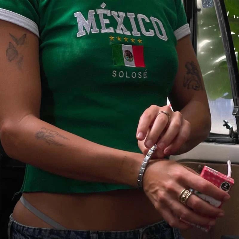 Summer Women's Mexican Flag Embroidered Pattern Short Sleeve Top Y2K Sexy Waist T-shirt - Clothesfassion.store