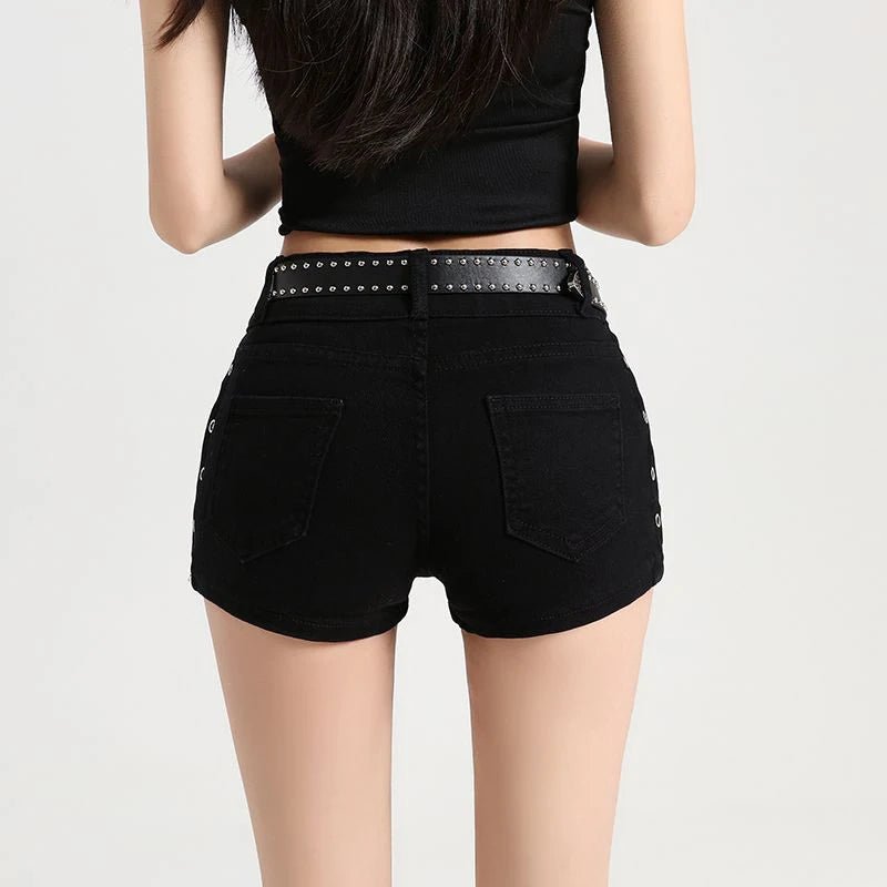 Summer Y2k Sexy Low Waist Mini Denim Shorts Women Vintage Korean Popular Girls Slight Strech Streetwear Gothic Rivet Black Jeans - Clothesfassion.store
