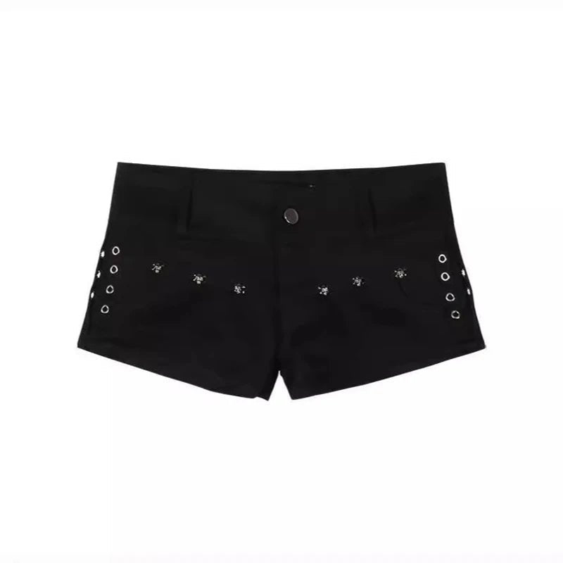 Summer Y2k Sexy Low Waist Mini Denim Shorts Women Vintage Korean Popular Girls Slight Strech Streetwear Gothic Rivet Black Jeans - Clothesfassion.store