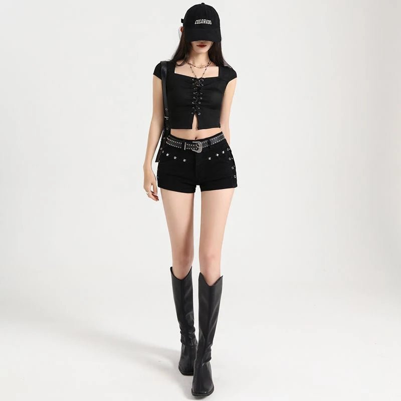 Summer Y2k Sexy Low Waist Mini Denim Shorts Women Vintage Korean Popular Girls Slight Strech Streetwear Gothic Rivet Black Jeans - Clothesfassion.store