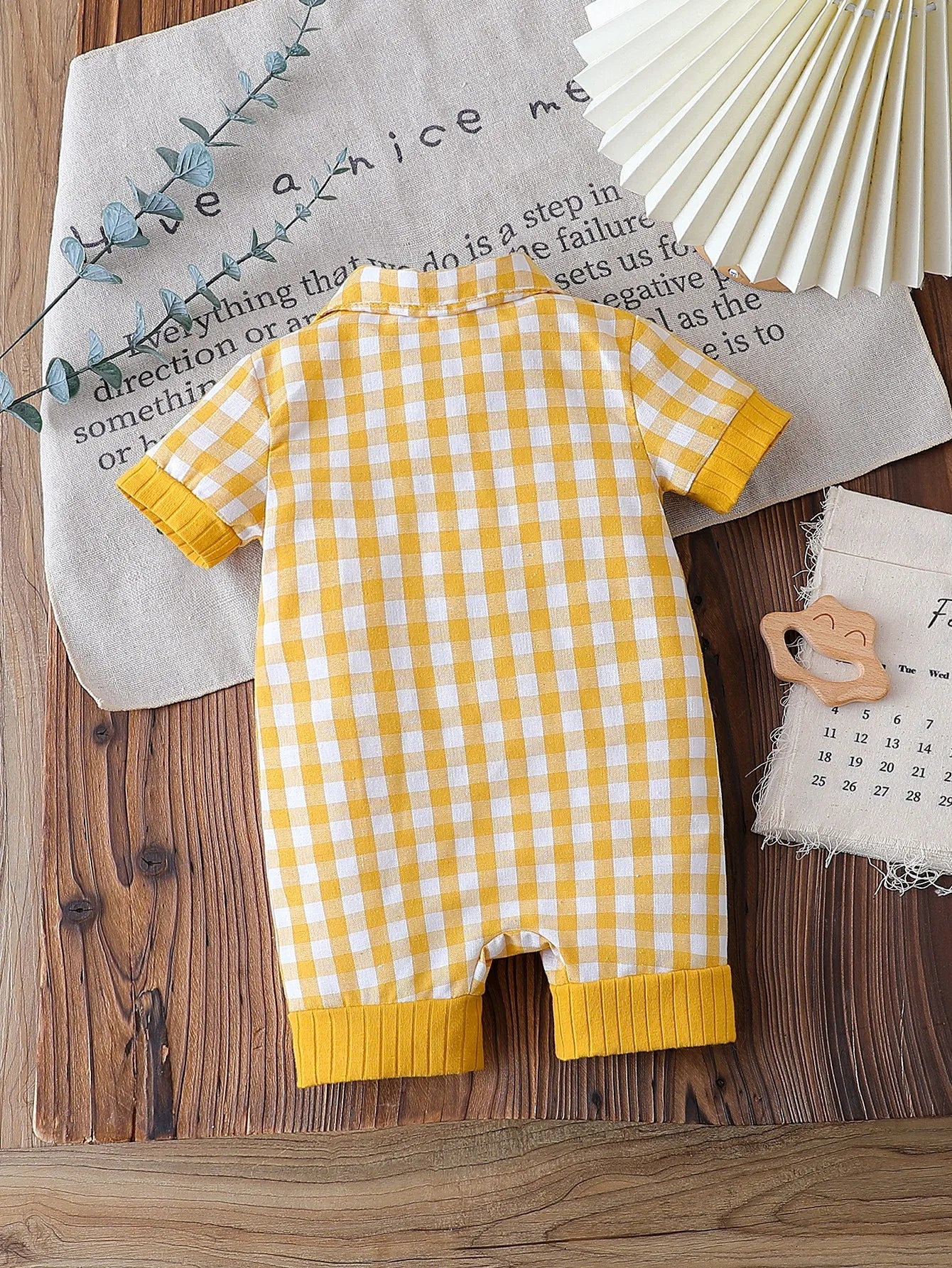 Summer Yellow Infant Baby Unisex Boys Girls Romper Plaid Print Short Sleeve Button Front Jumpsuit Daily Casual Clothes For 3 - 18M - Clothesfassion.store